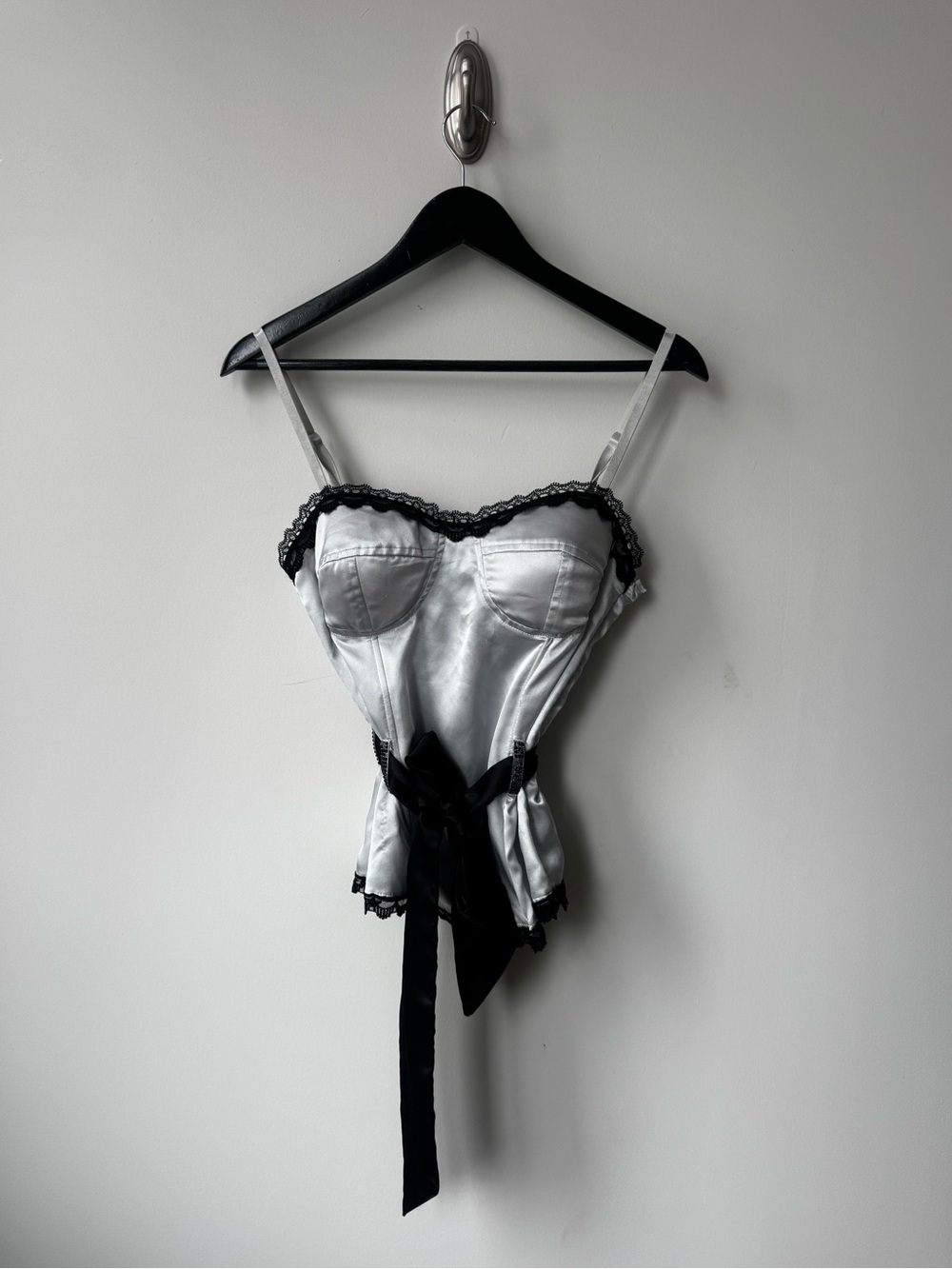 Silver Satin Bustier Camisole with Black Lace